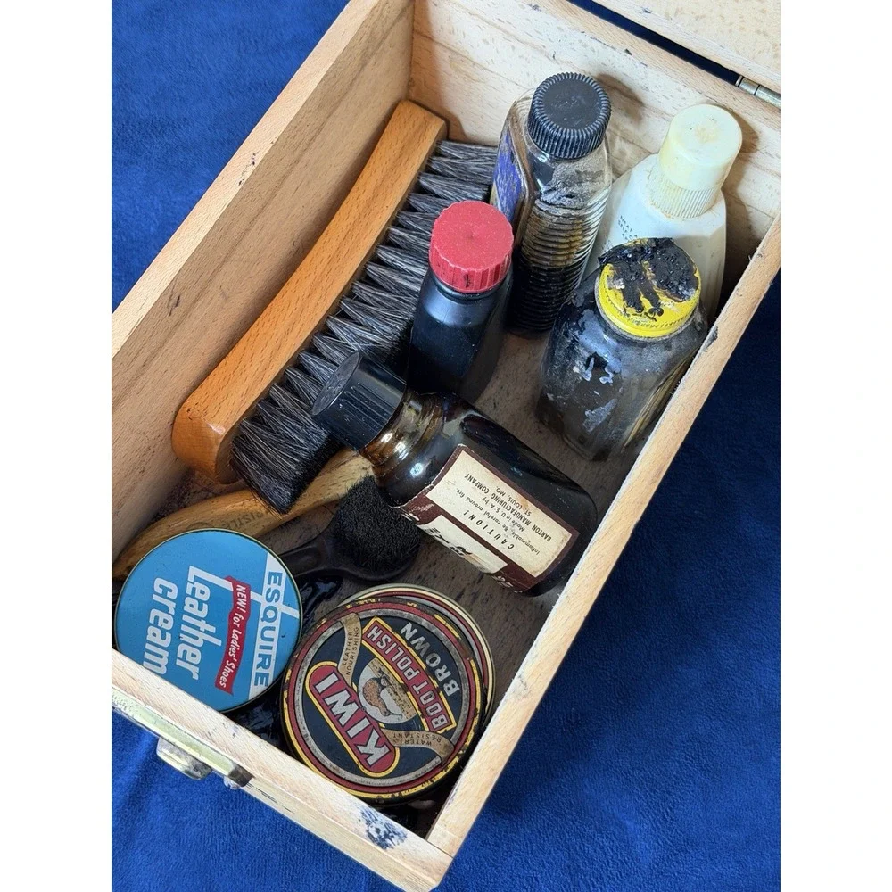 Vtg 1950s Esquire Shoe Valet De Luxe Wooden Shoe Shine Box Kit W Accessories
